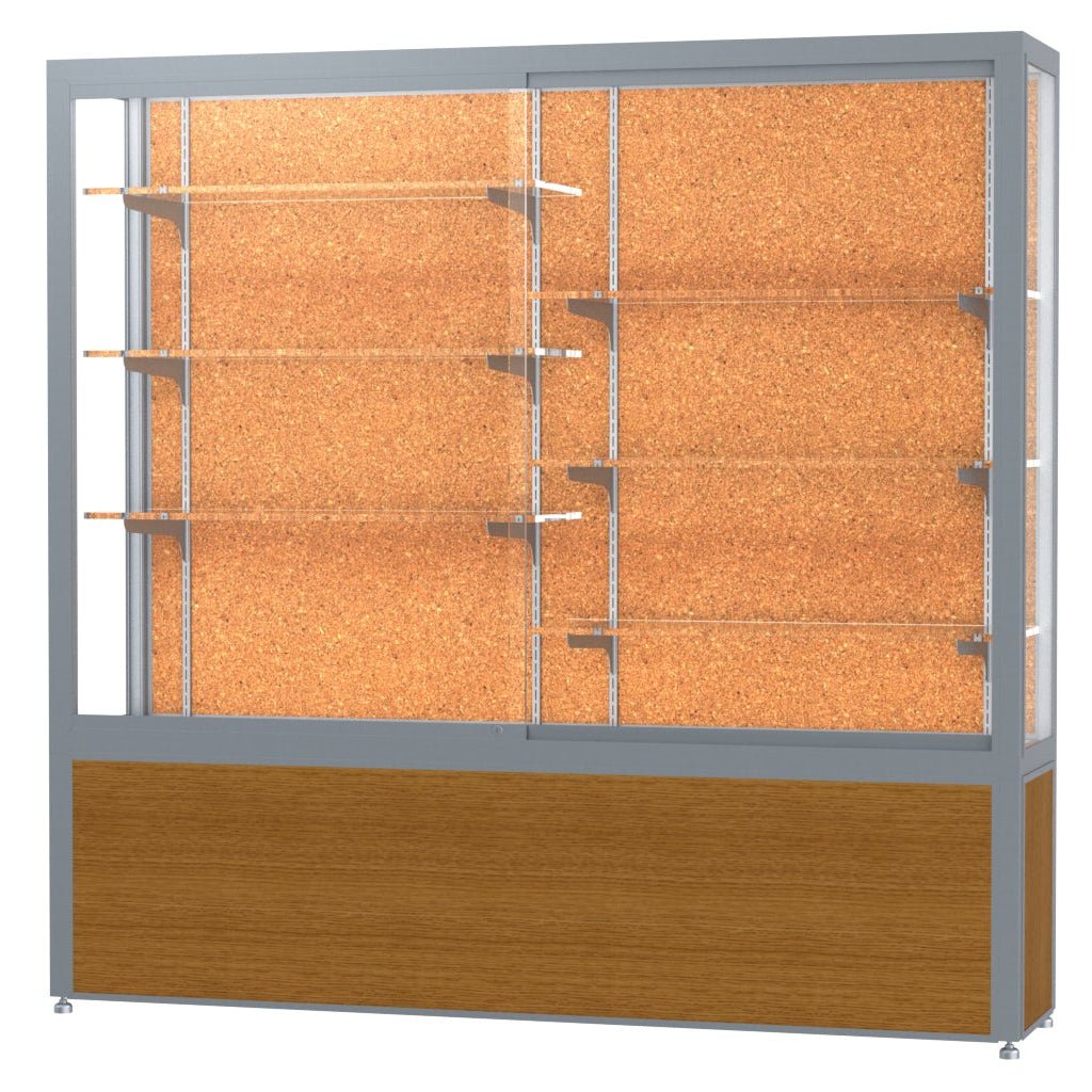 Ghent Challenger Display Case, Cork Back, Satin Natural Aluminum Frame Finish, 66"H x 72"W x 16"D - SchoolOutlet