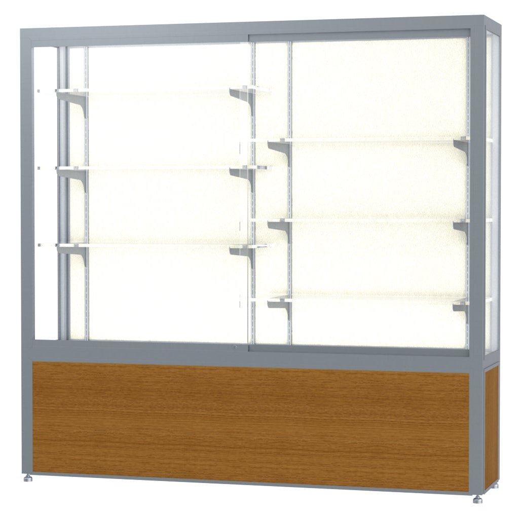 Ghent Challenger Display Case, Plaque Fabric Back, Satin Natural Aluminum Frame Finish, 66"H x 72"W x 16"D - SchoolOutlet