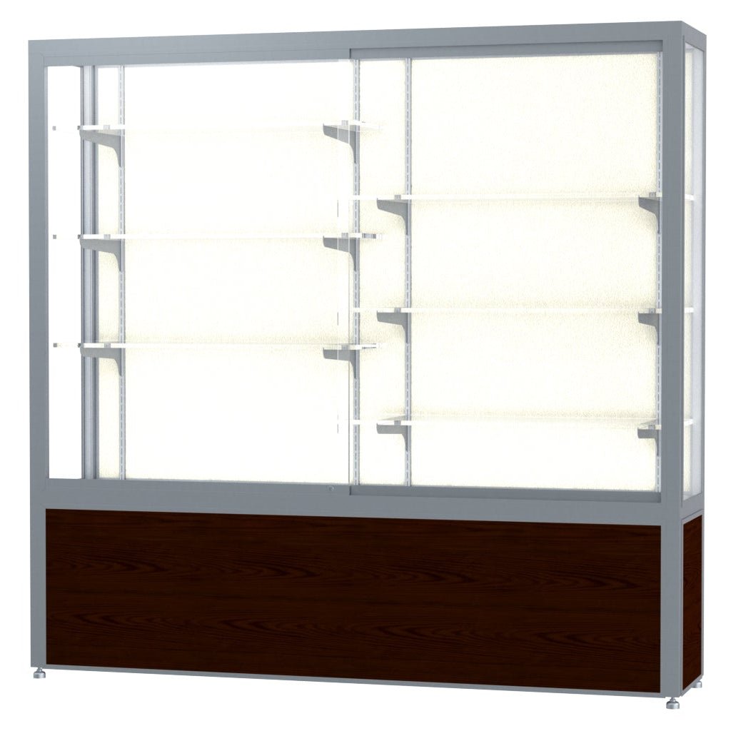 Ghent Challenger Display Case, Plaque Fabric Back, Satin Natural Aluminum Frame Finish, 66"H x 72"W x 16"D - SchoolOutlet