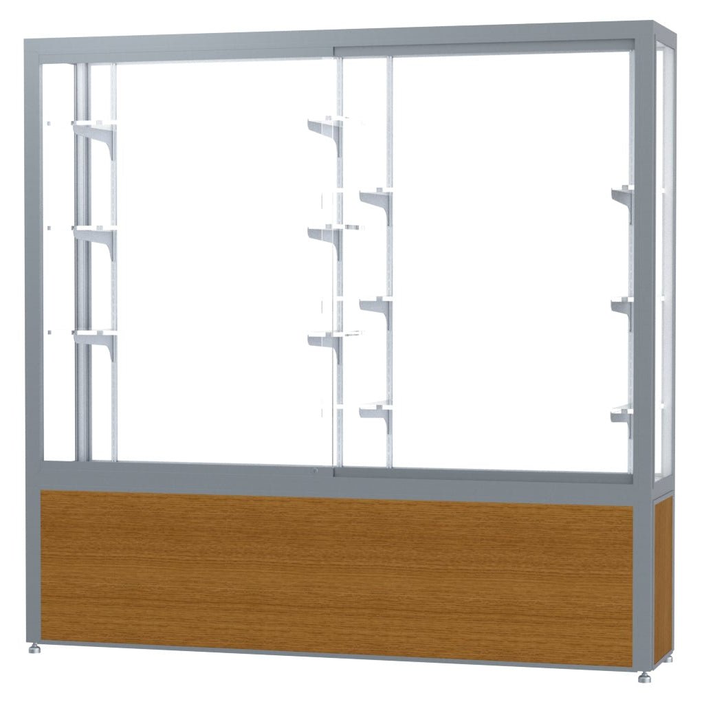 Ghent Challenger Display Case, White Laminate Back, Satin Natural Aluminum Frame Finish, 66"H x 72"W x 16"D - SchoolOutlet