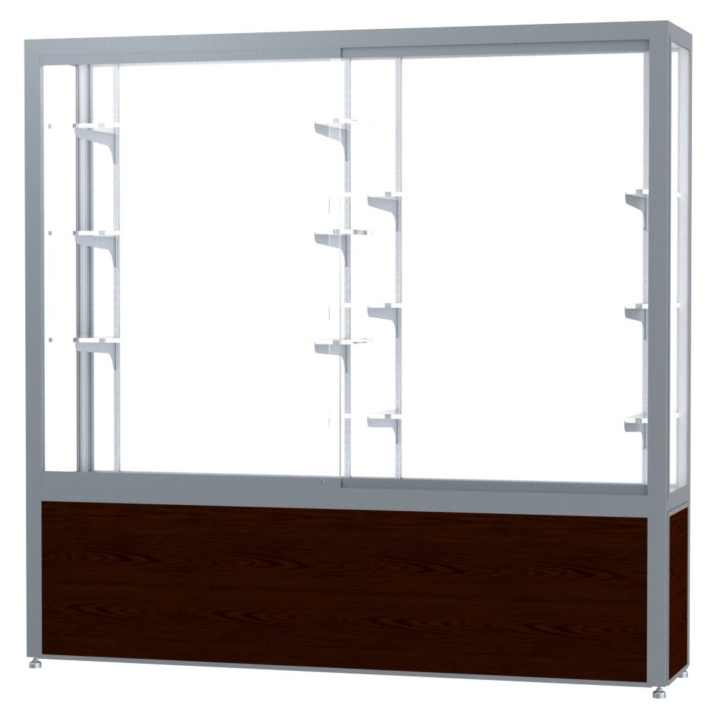 Ghent Challenger Display Case, White Laminate Back, Satin Natural Aluminum Frame Finish, 66"H x 72"W x 16"D - SchoolOutlet