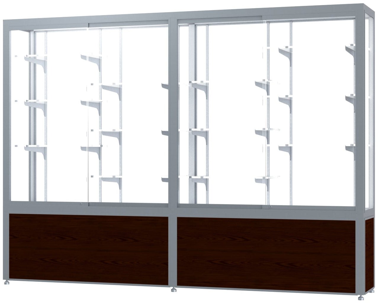 Ghent Challenger Display Case, White Laminate Back, Satin Natural Aluminum Frame Finish, 66"H x 96"W x 16"D - SchoolOutlet