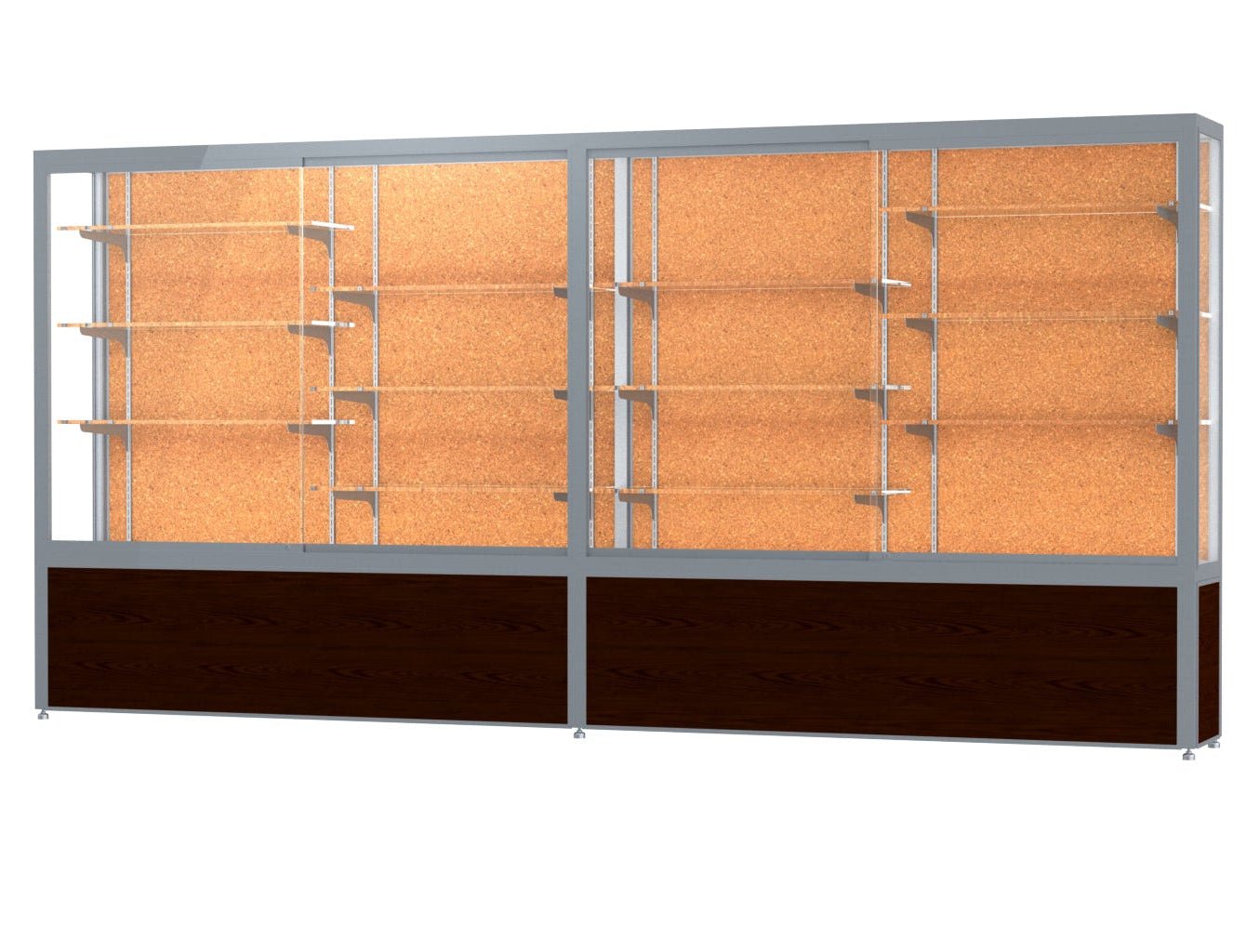 Ghent Challenger Display Case, Cork Back, Satin Natural Aluminum Frame Finish, 66"H x 144"W x 16"D - SchoolOutlet