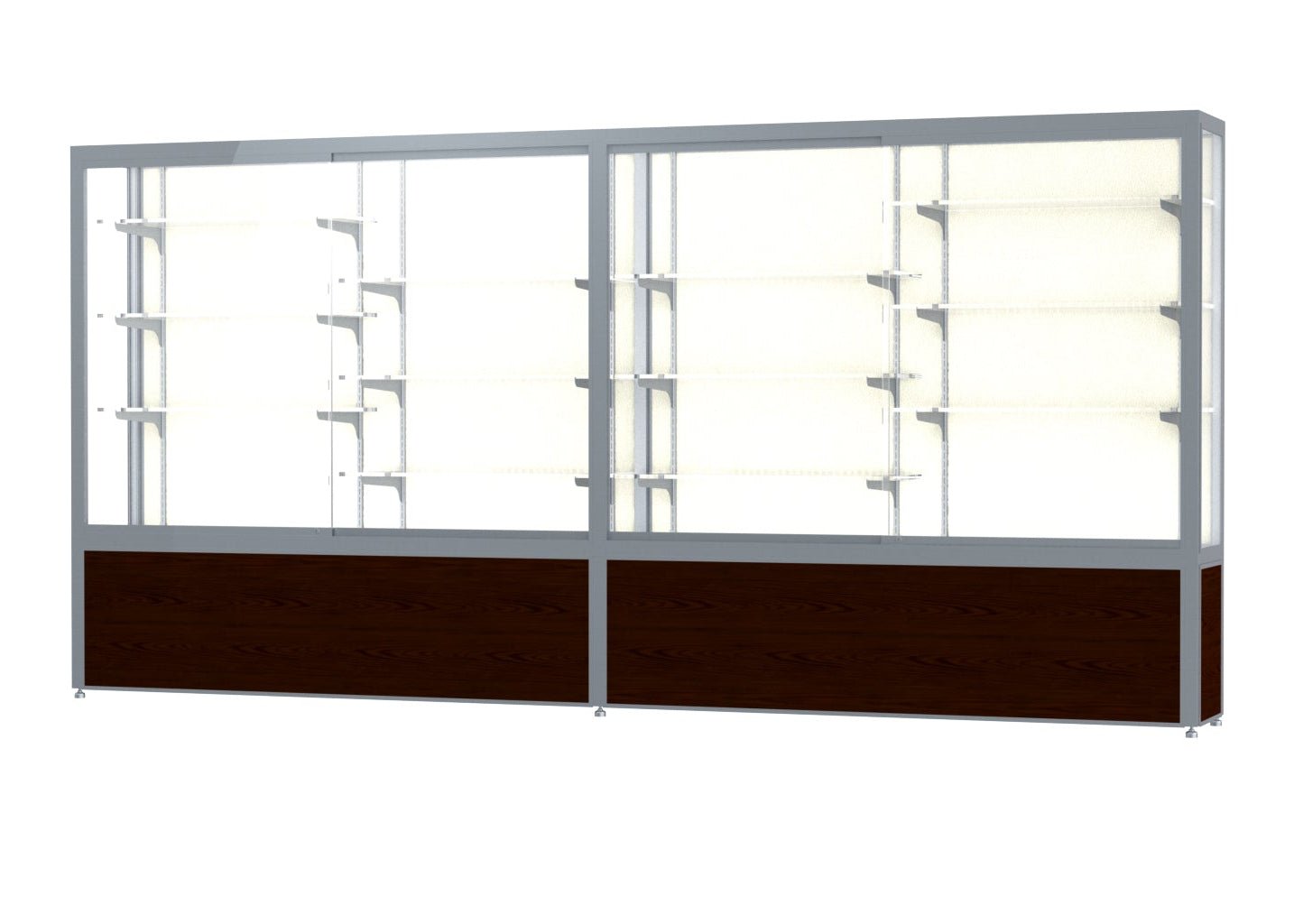 Ghent Challenger Display Case, Plaque Fabric Back, Satin Natural Aluminum Frame Finish, 66"H x 144"W x 16"D - SchoolOutlet