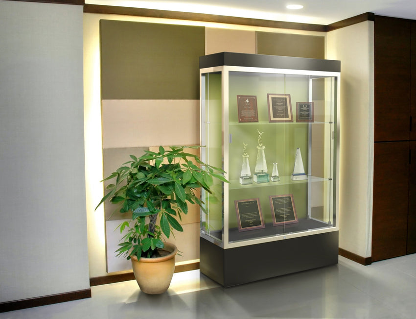 Ghent Edge Floor Display Case Lighted 12"H Laminate Base Finish, Aluminum Frame - 76"H x 48"W x 20"D (94LFXX) - SchoolOutlet