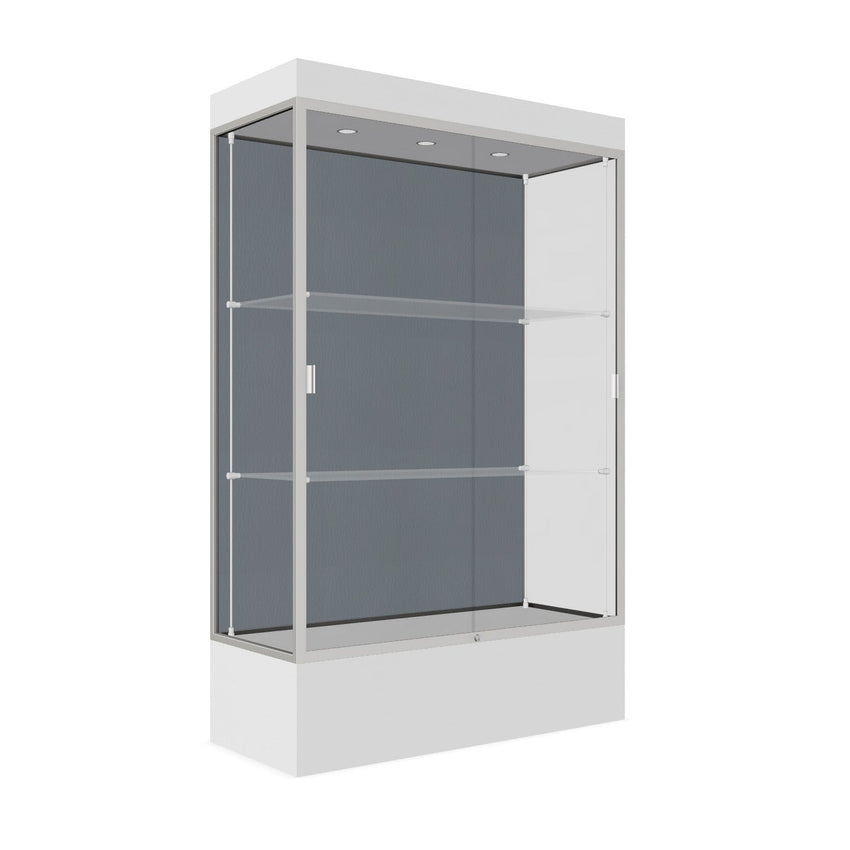 Ghent Edge Floor Display Case Lighted 12"H Laminate Base Finish, Aluminum Frame - 76"H x 48"W x 20"D (94LFXX) - SchoolOutlet