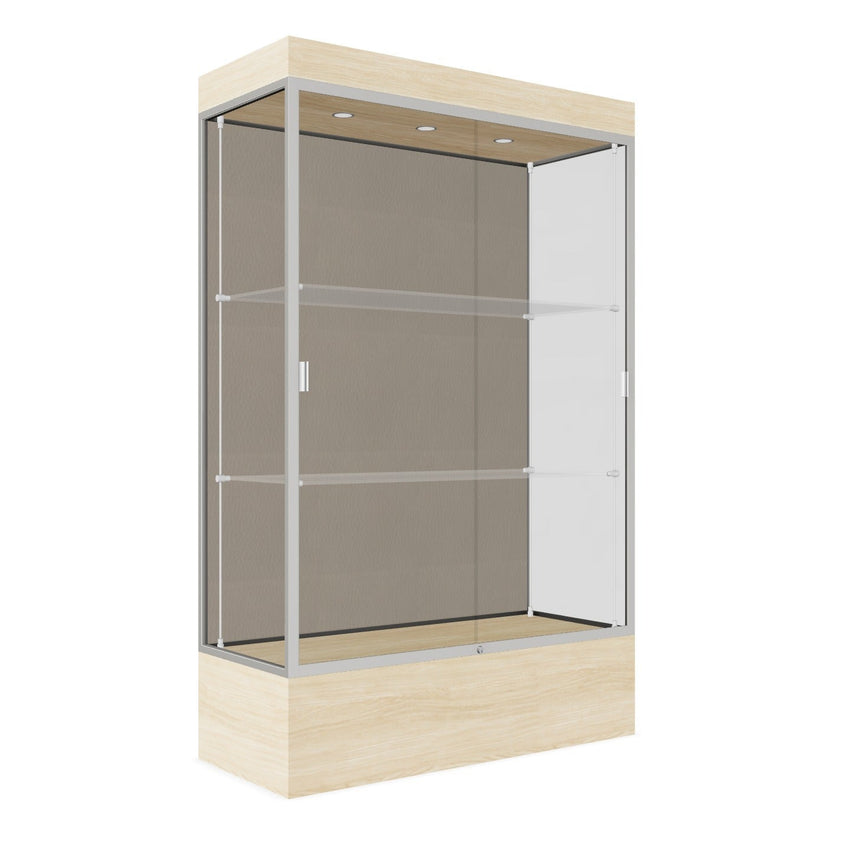 Ghent Edge Floor Display Case Lighted 12"H Laminate Base Finish, Aluminum Frame - 76"H x 48"W x 20"D (94LFXX) - SchoolOutlet