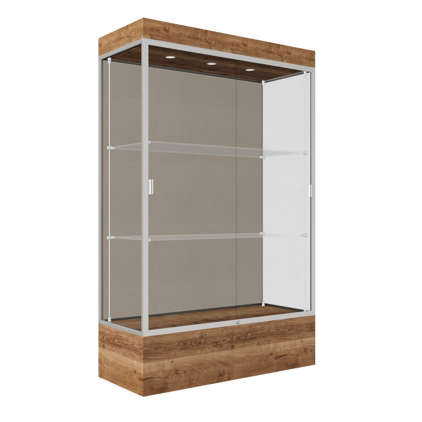 Ghent Edge Floor Display Case Lighted 12"H Laminate Base Finish, Aluminum Frame - 76"H x 48"W x 20"D (94LFXX) - SchoolOutlet