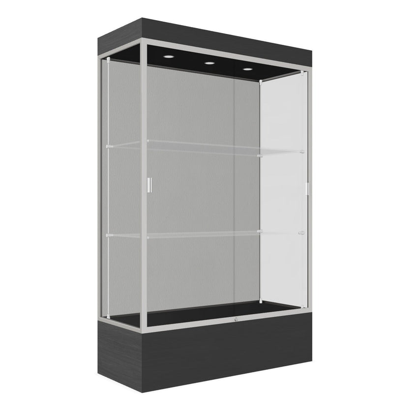 Ghent Edge Floor Display Case Lighted 12"H Laminate Base Finish, Aluminum Frame - 76"H x 48"W x 20"D (94LFXX) - SchoolOutlet