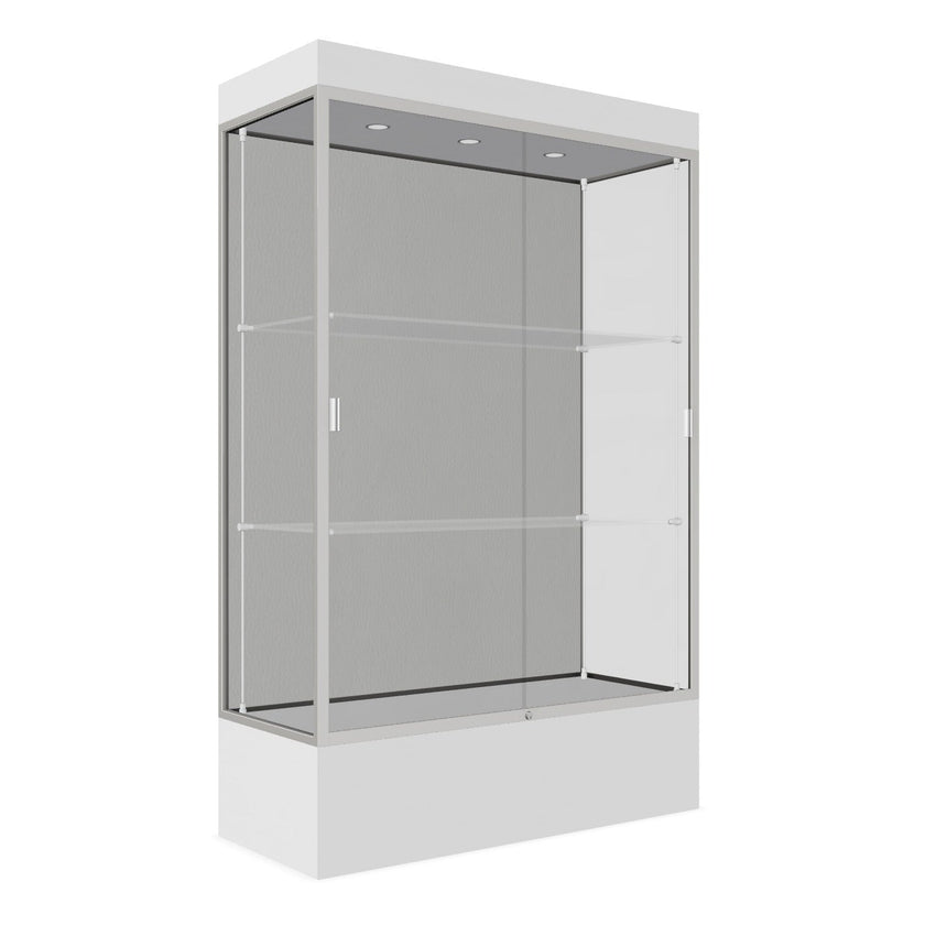 Ghent Edge Floor Display Case Lighted 12"H Laminate Base Finish, Aluminum Frame - 76"H x 48"W x 20"D (94LFXX) - SchoolOutlet