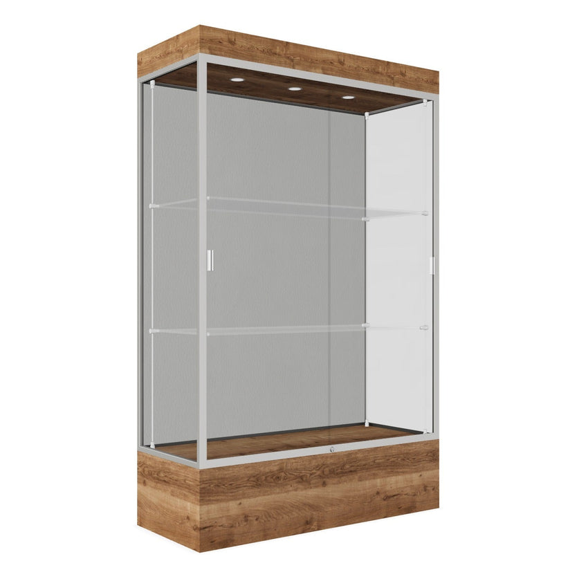 Ghent Edge Floor Display Case Lighted 12"H Laminate Base Finish, Aluminum Frame - 76"H x 48"W x 20"D (94LFXX) - SchoolOutlet