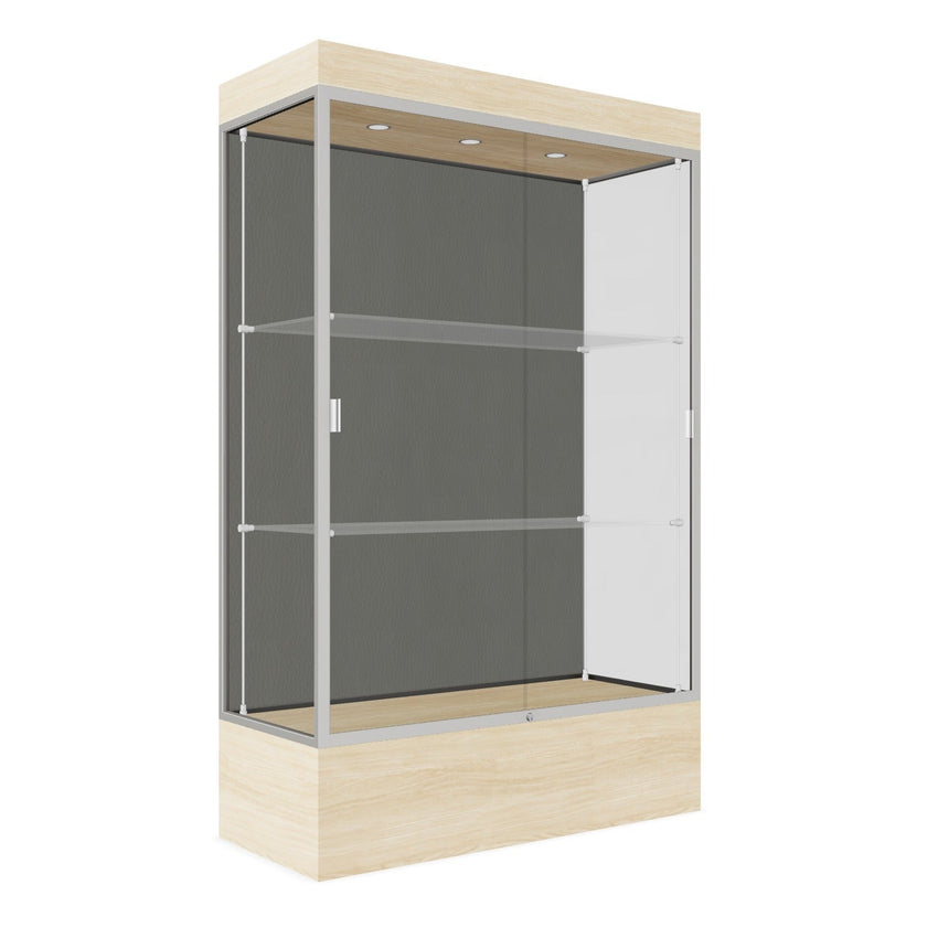 Ghent Edge Floor Display Case Lighted 12"H Laminate Base Finish, Aluminum Frame - 76"H x 48"W x 20"D (94LFXX) - SchoolOutlet