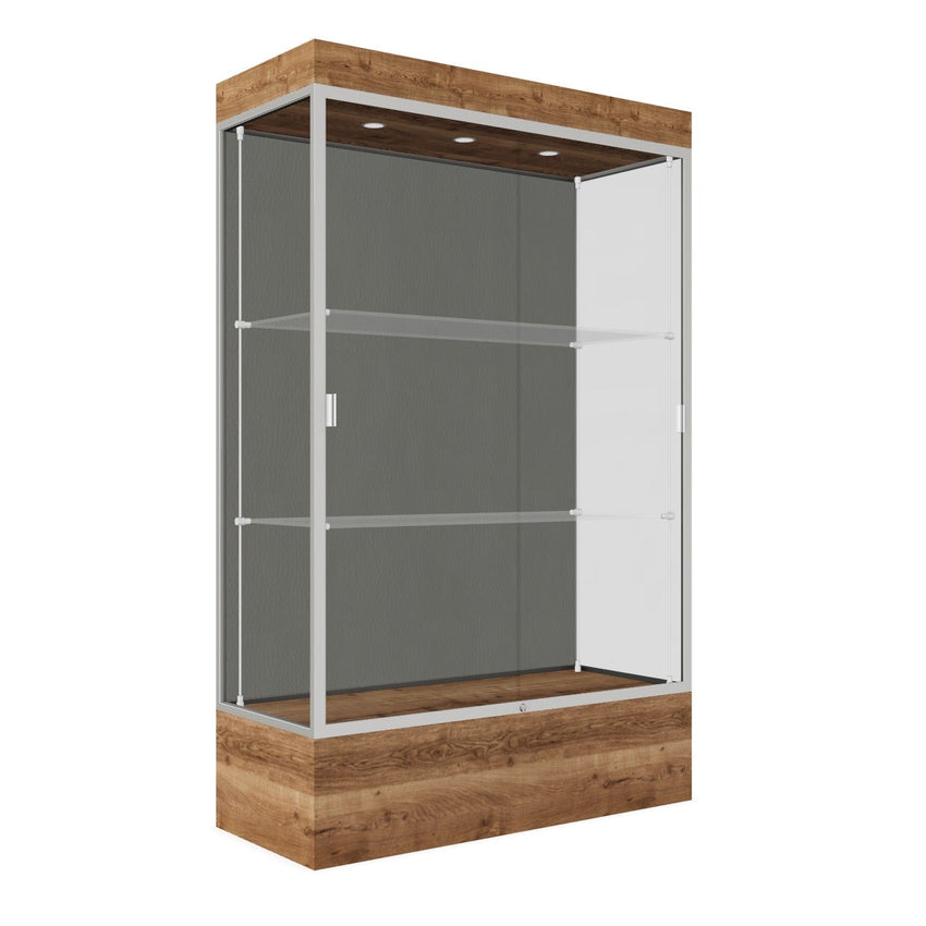 Ghent Edge Floor Display Case Lighted 12"H Laminate Base Finish, Aluminum Frame - 76"H x 48"W x 20"D (94LFXX) - SchoolOutlet