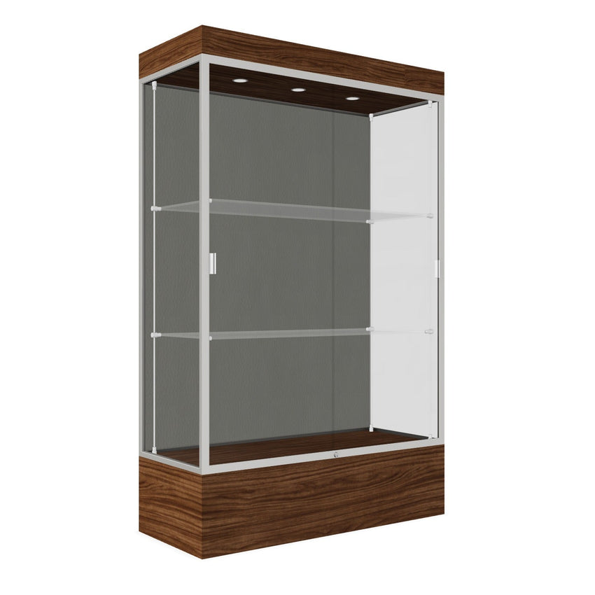 Ghent Edge Floor Display Case Lighted 12"H Laminate Base Finish, Aluminum Frame - 76"H x 48"W x 20"D (94LFXX) - SchoolOutlet