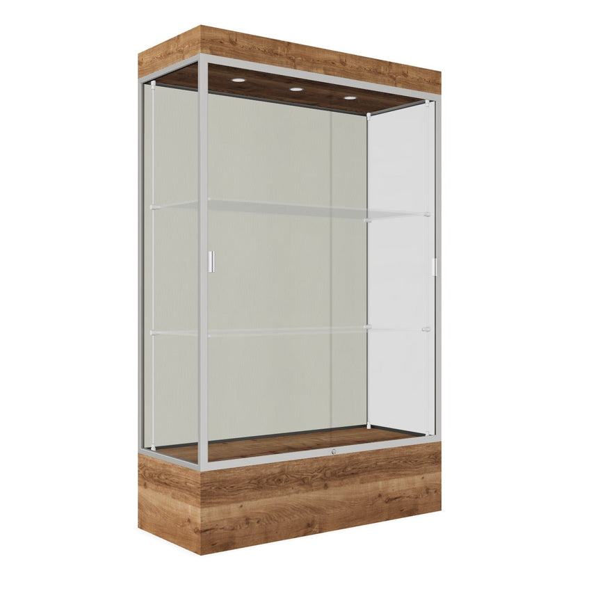 Ghent Edge Floor Display Case Lighted 12"H Laminate Base Finish, Aluminum Frame - 76"H x 48"W x 20"D (94LFXX) - SchoolOutlet