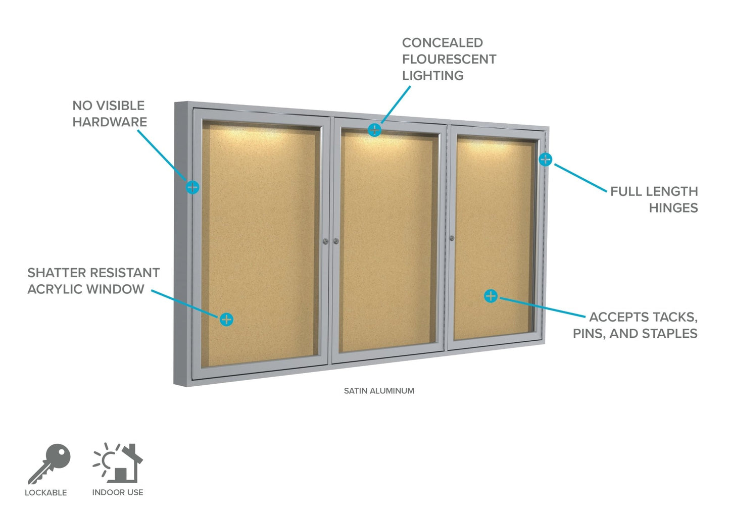 Ghent 3 Door Enclosed Natural Cork Bulletin Board, Concealed Lighting, 3'H x 6'W (GHE - CPA33672K) - SchoolOutlet
