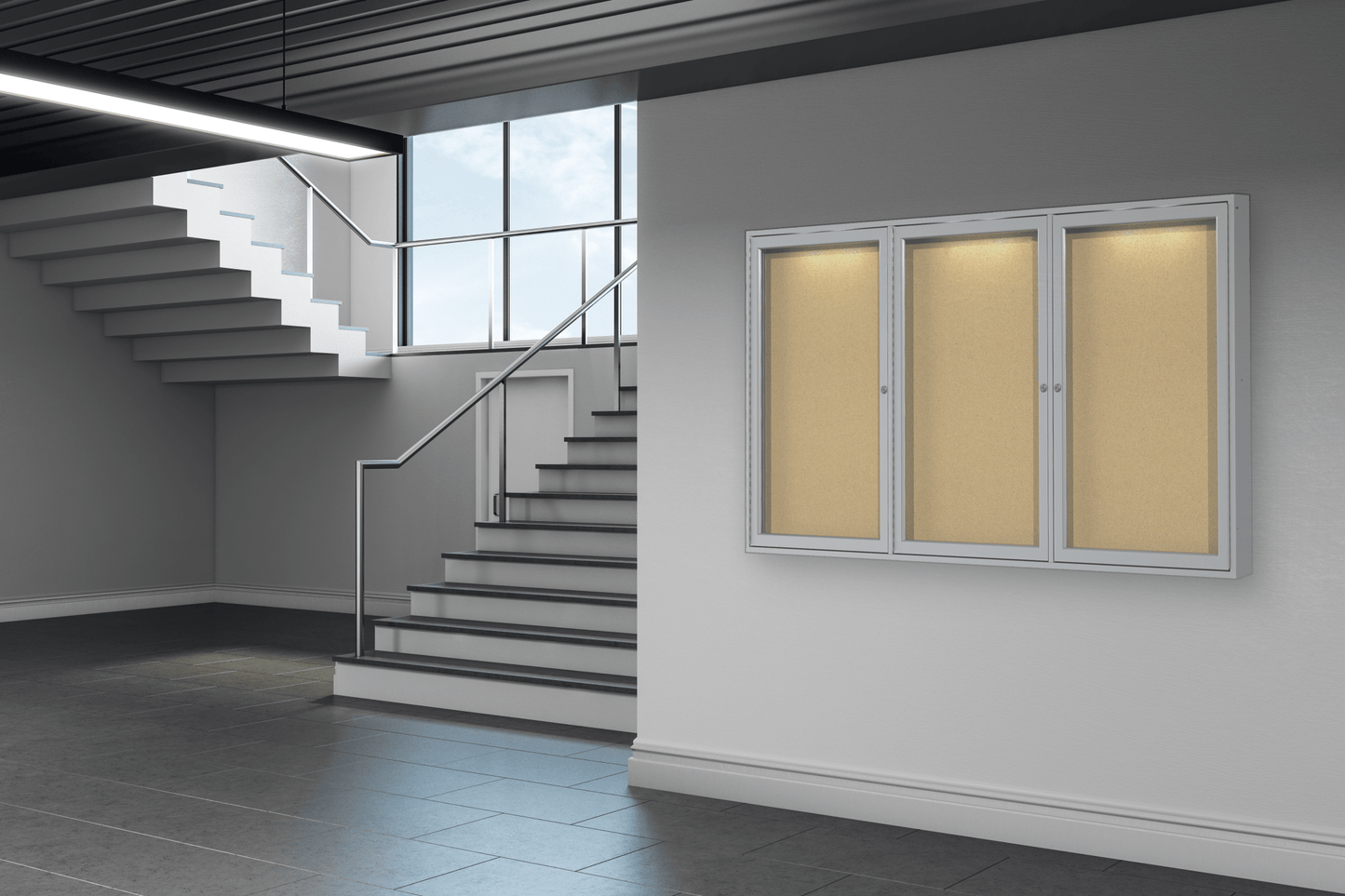 Ghent 3 Door Enclosed Natural Cork Bulletin Board, Concealed Lighting, 3'H x 6'W (GHE - CPA33672K) - SchoolOutlet