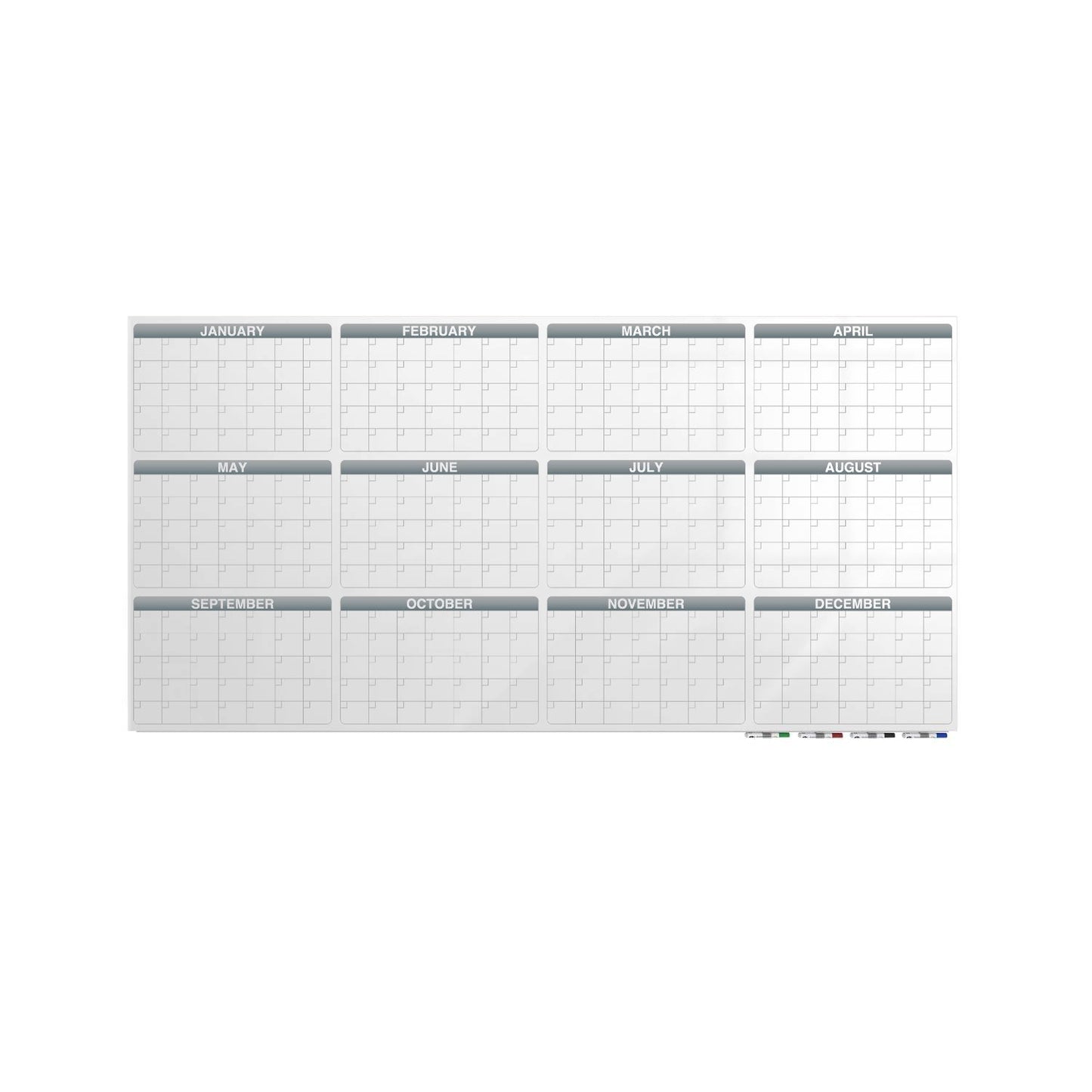 Ghent Calendar Aria Low Profile Glassboard, 1 Year Calendar, Non - Magnetic, 4'H x 8'W (GHE - GRPARIASN31Y - 48) - SchoolOutlet