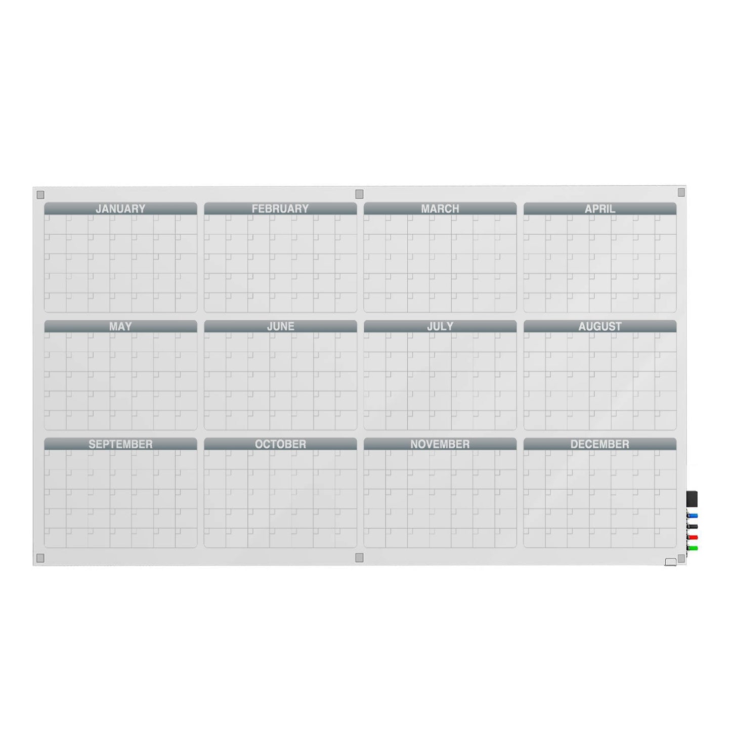 Ghent Calendar Harmony Glassboard w/ Standoffs, Round Corners, 1 Year Calendar, Magnetic, 4'H x 8'W (GHE - GRPHMYRM31Y - 48) - SchoolOutlet