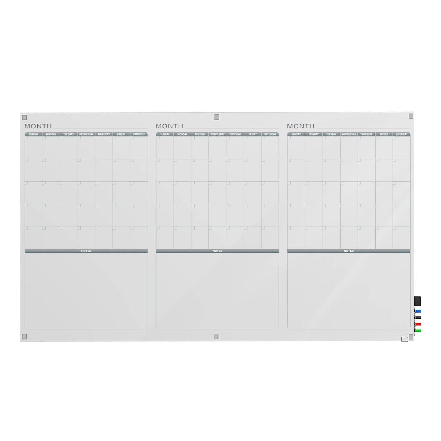 Ghent Calendar Harmony Glassboard w/ Standoffs, Square Corners, 3 Month Calendar, Magnetic, 4'H x 6'W (GHE - GRPHMYSM33M - 46) - SchoolOutlet