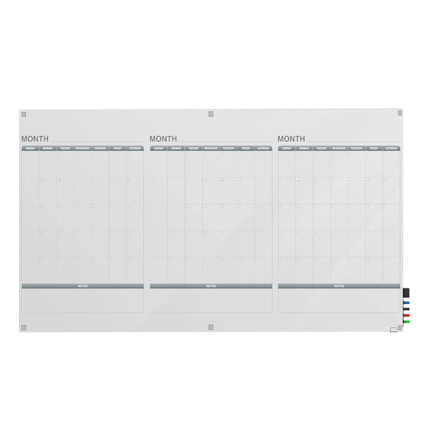 Ghent Calendar Harmony Glassboard w/ Standoffs, Square Corners, 3 Month Calendar, Magnetic, 4'H x 8'W (GHE - GRPHMYSM33M - 48) - SchoolOutlet