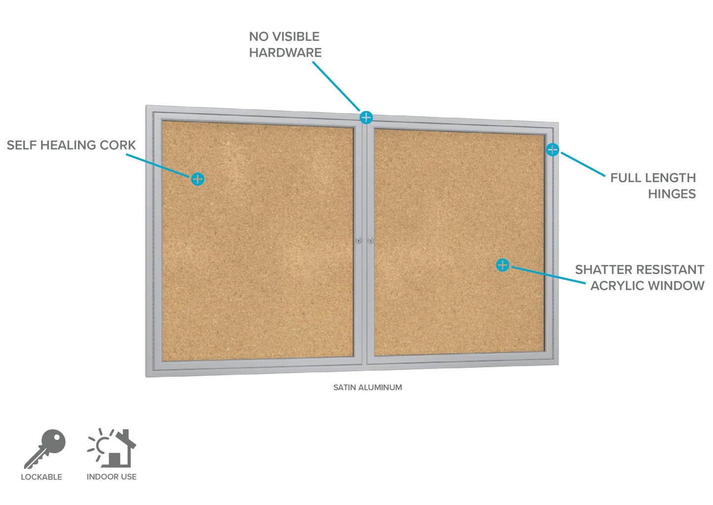 Ghent 2 Door Enclosed Natural Cork Bulletin Board, Satin Aluminum Frame, 3'H x 4'W (GHE - PA23648K) - SchoolOutlet