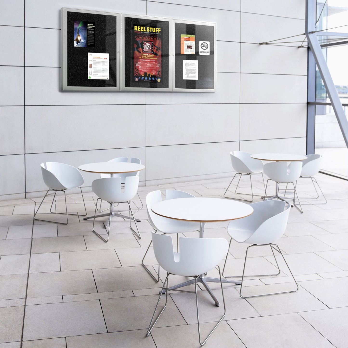 Ghent 3 Door Enclosed Recycled Rubber Bulletin Board, Satin Aluminum Frame, 3'H x 6'W (GHE - PA33672TR - XX) - SchoolOutlet
