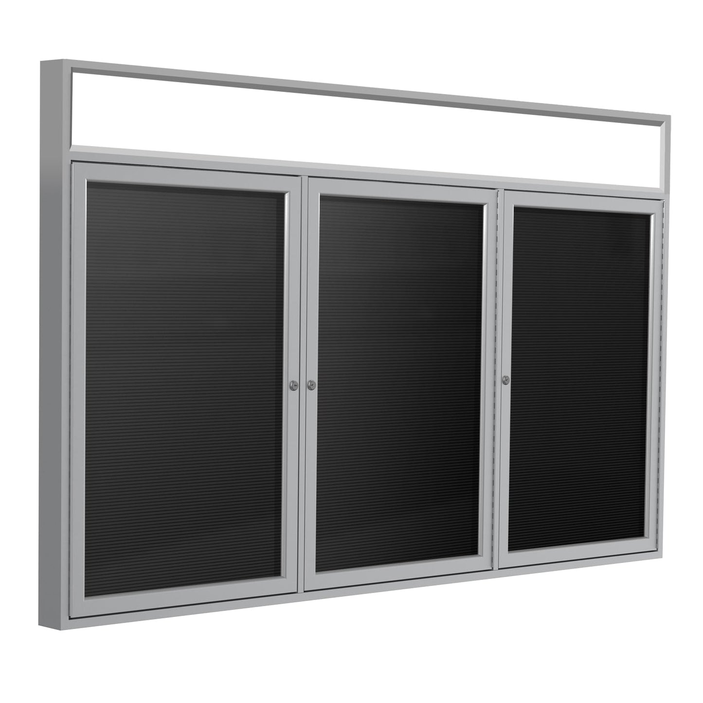 Ghent Indoor/Outdoor Enclosed Vinyl Letter Board, Illuminated Headliner Frame, Satin Aluminum, 3'H x 6'W, 3 Door, Black (GHE - PABLX8 - BK) - SchoolOutlet