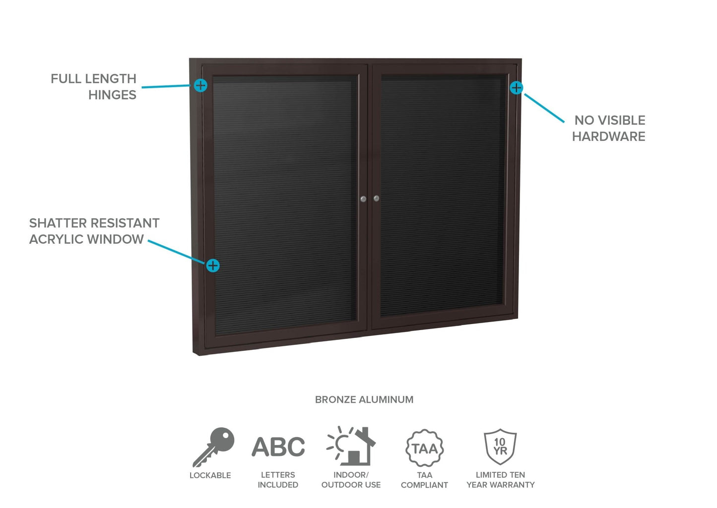 Ghent Indoor/Outdoor Enclosed Vinyl Letter Board, Bronze Aluminum Frame, 3'H x 4'W, 2 Door, Black (GHE - PB23648BX - BK) - SchoolOutlet