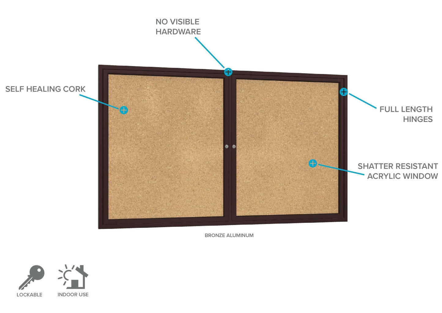 Ghent 2 Door Enclosed Natural Cork Bulletin Board, Bronze Aluminum Frame, 3'H x 4'W (GHE - PB23648K) - SchoolOutlet