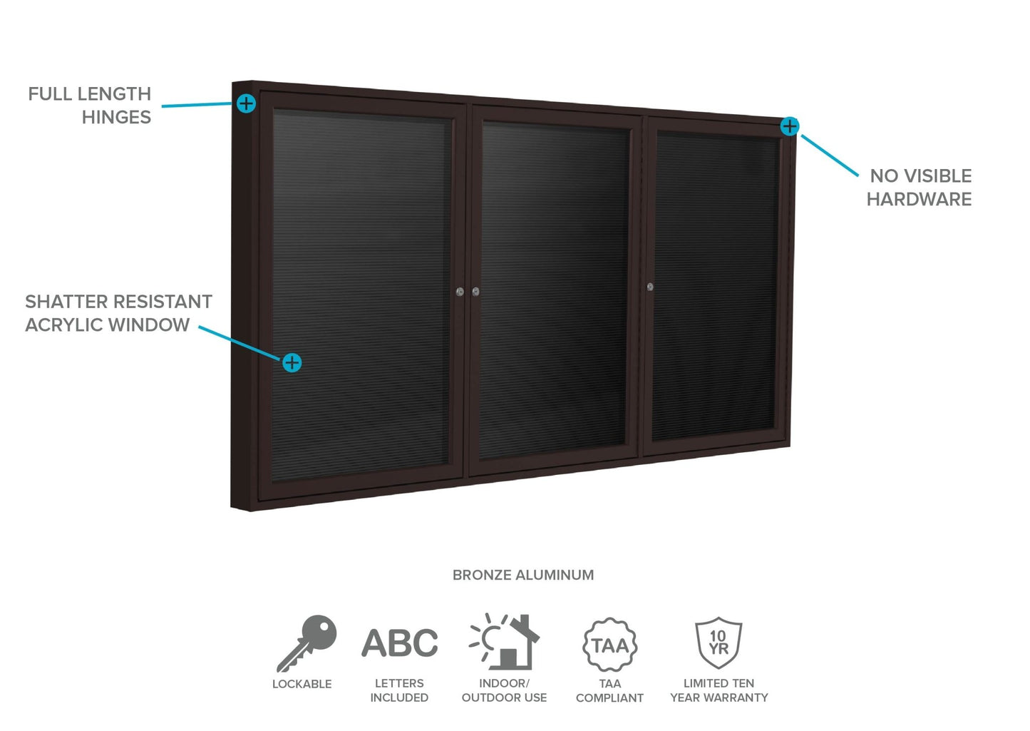 Ghent Indoor/Outdoor Enclosed Vinyl Letter Board, Bronze Aluminum Frame, 3'H x 6'W, 3 Door, Black (GHE - PB33672BX - BK) - SchoolOutlet