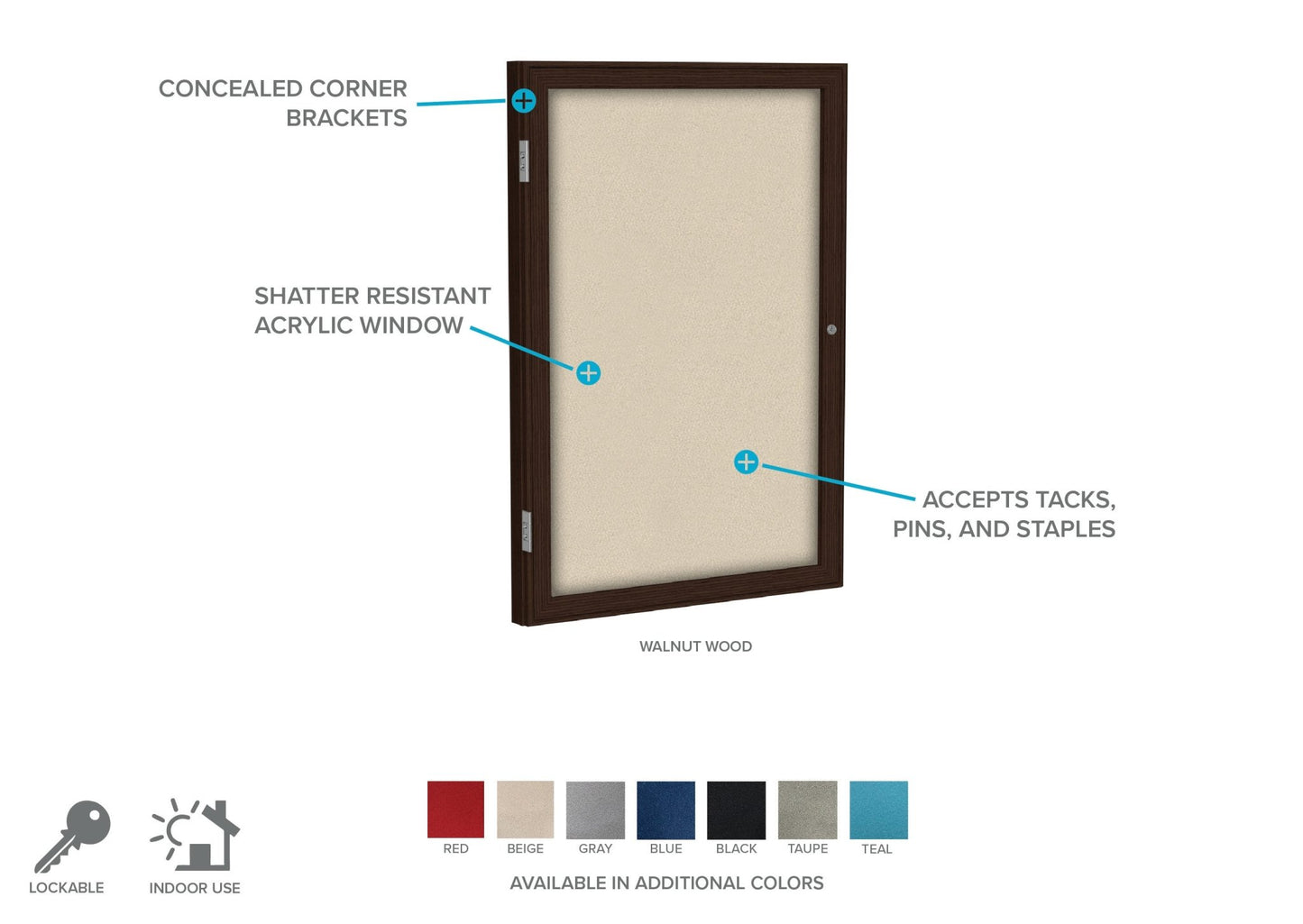 Ghent 1 Door Enclosed Fabric Bulletin Board, Walnut Wood Frame, 3'H x 2'W (GHE - PN13624F - XX) - SchoolOutlet
