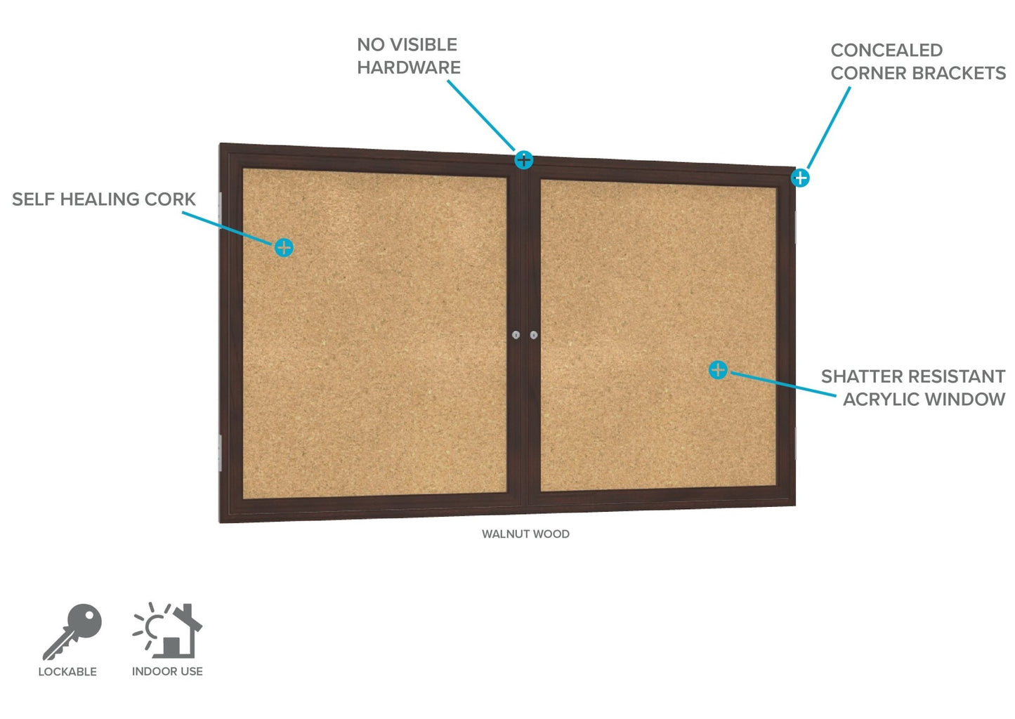 Ghent 2 Door Enclosed Natural Cork Bulletin Board, Walnut Wood Frame, 3'H x 4'W (GHE - PN23648K) - SchoolOutlet