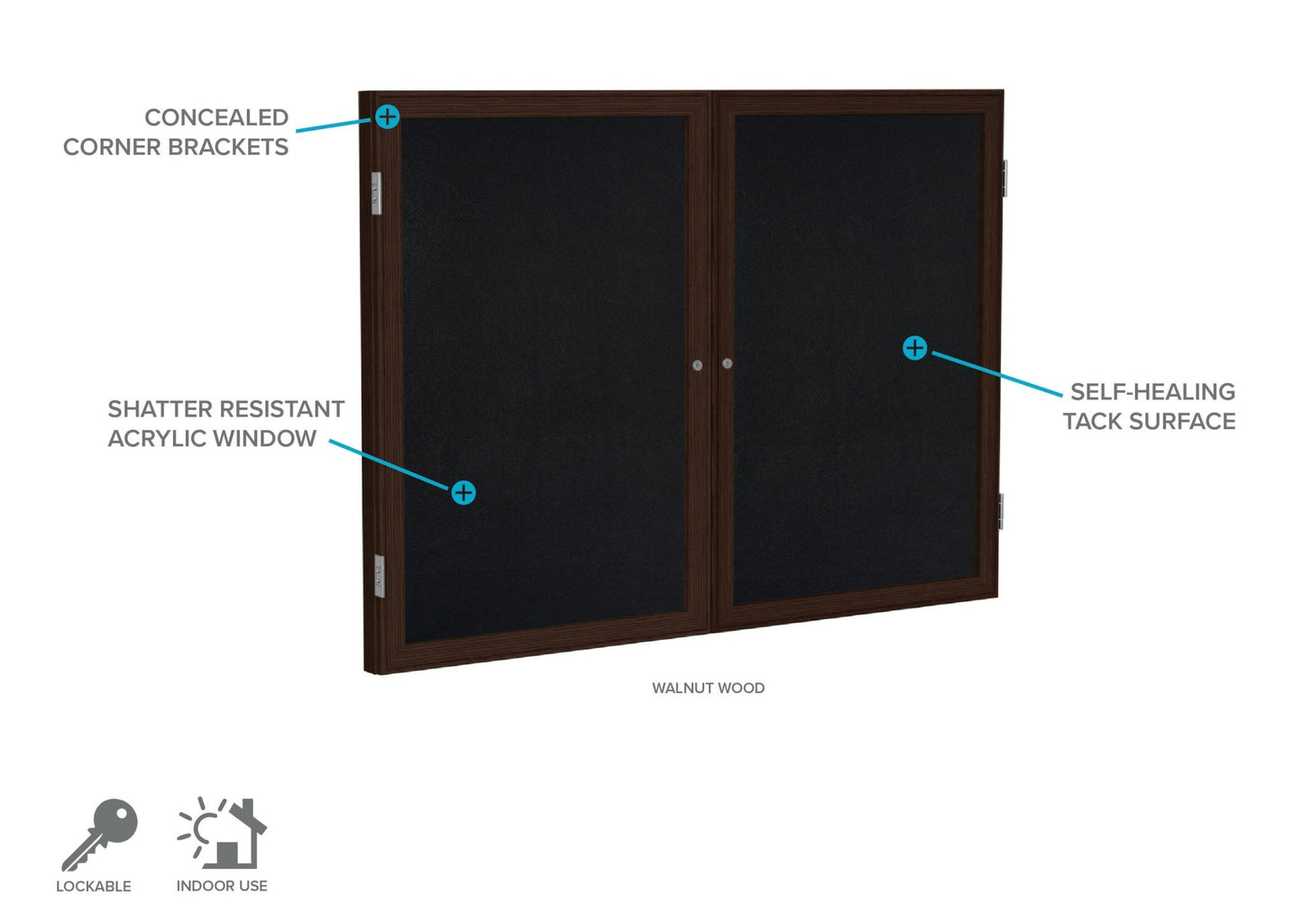Ghent 2 Door Enclosed Recycled Rubber Bulletin Board, Walnut Wood Frame, 3'H x 4'W (GHE - PN23648TR - XX) - SchoolOutlet