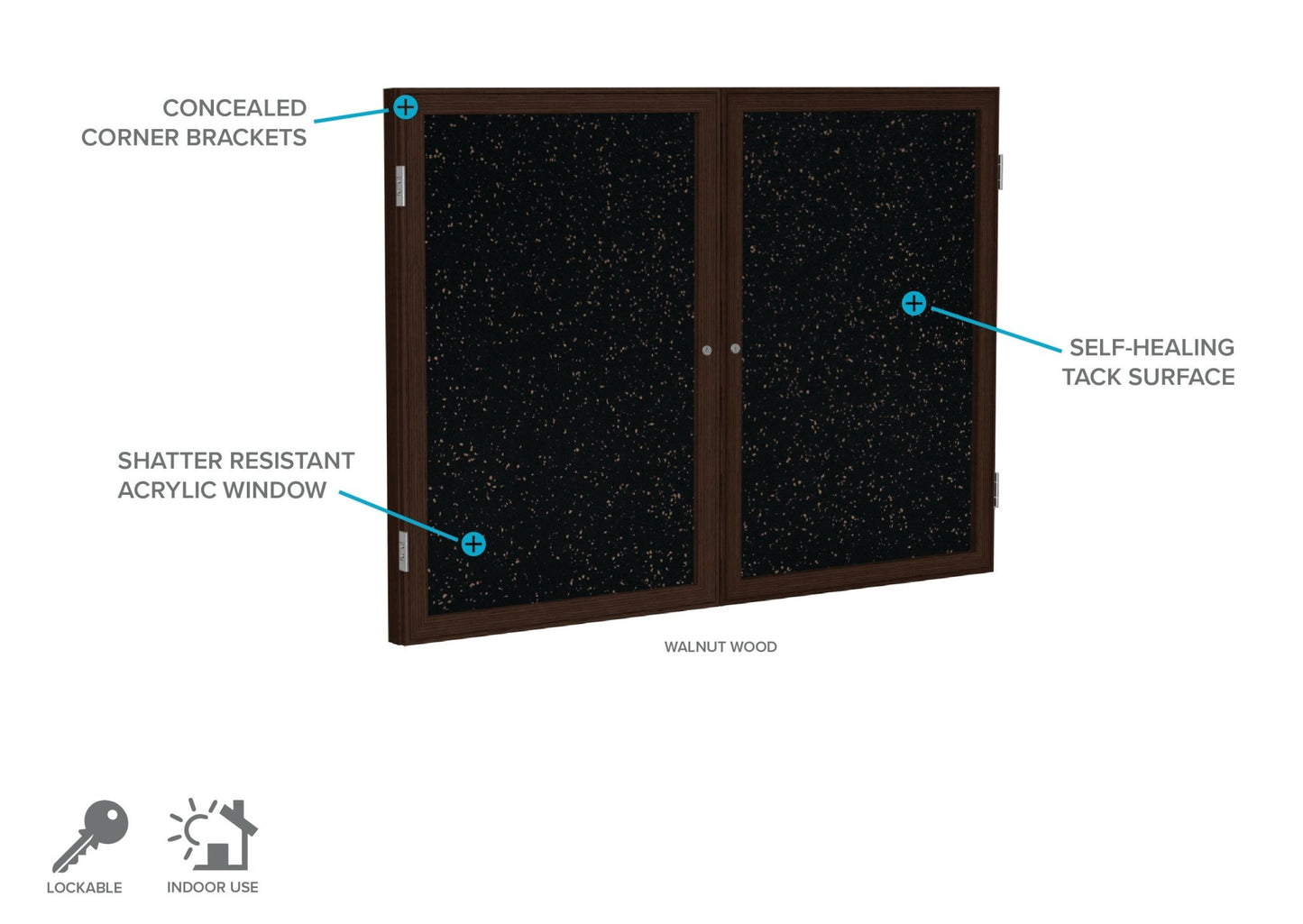 Ghent 2 Door Enclosed Recycled Rubber Bulletin Board, Walnut Wood Frame, 3'H x 4'W (GHE - PN23648TR - XX) - SchoolOutlet