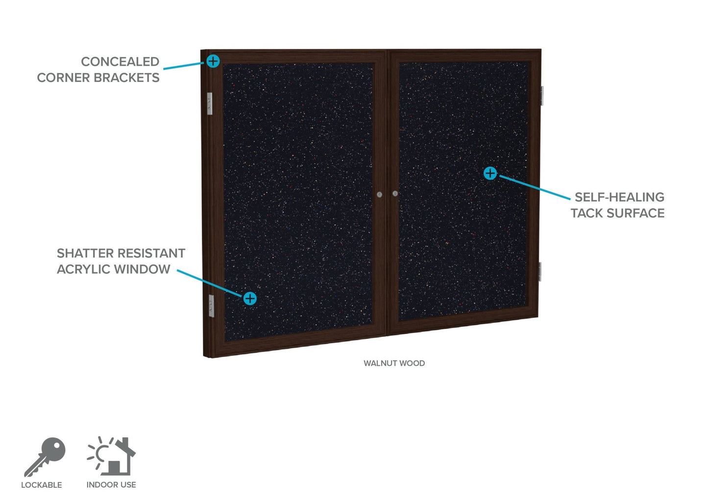 Ghent 2 Door Enclosed Recycled Rubber Bulletin Board, Walnut Wood Frame, 3'H x 4'W (GHE - PN23648TR - XX) - SchoolOutlet