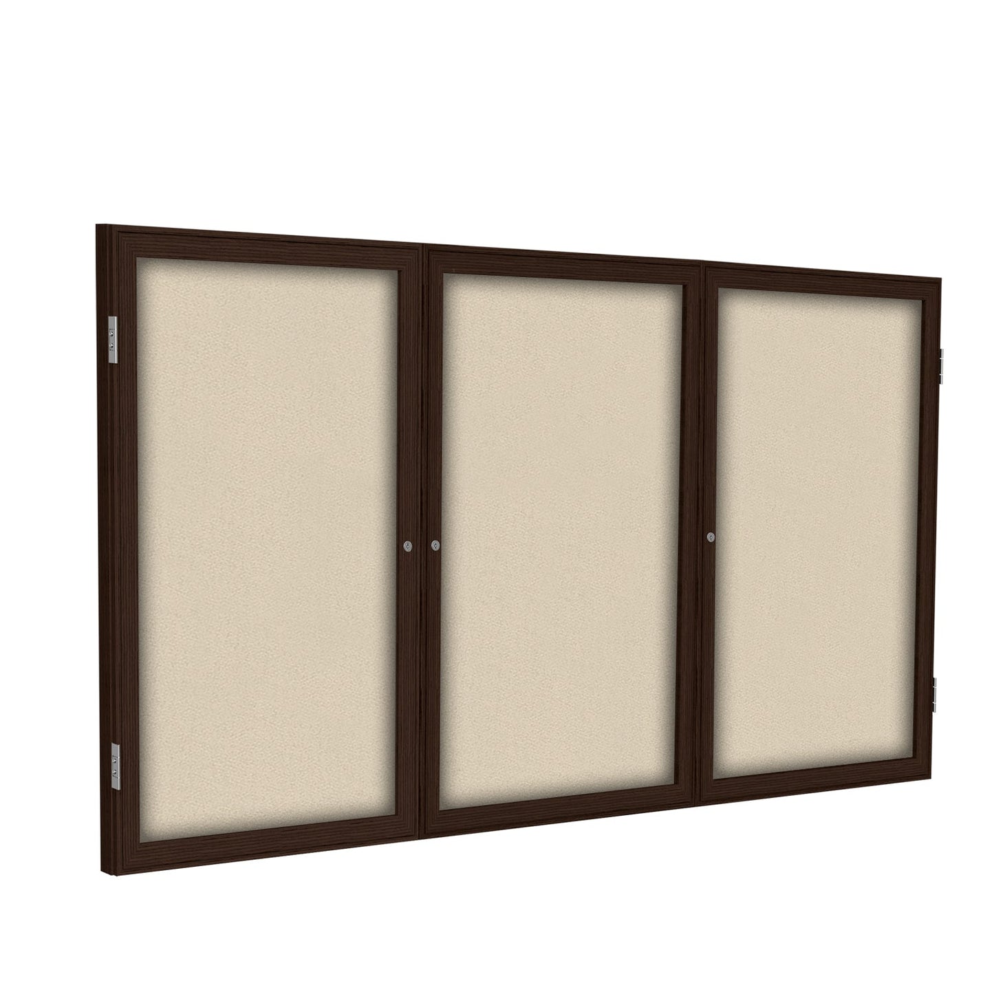 Ghent 3 Door Enclosed Fabric Bulletin Board, Walnut Wood Frame, 3'H x 6'W (GHE - PN33672F - XX) - SchoolOutlet