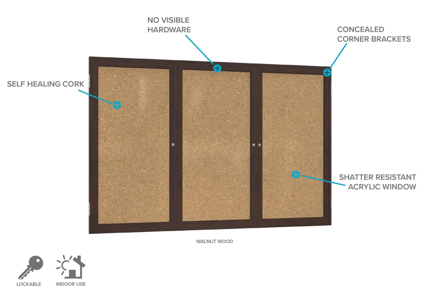 Ghent 3 Door Enclosed Natural Cork Bulletin Board, Walnut Wood Frame, 3'H x 6'W (GHE - PN33672K) - SchoolOutlet