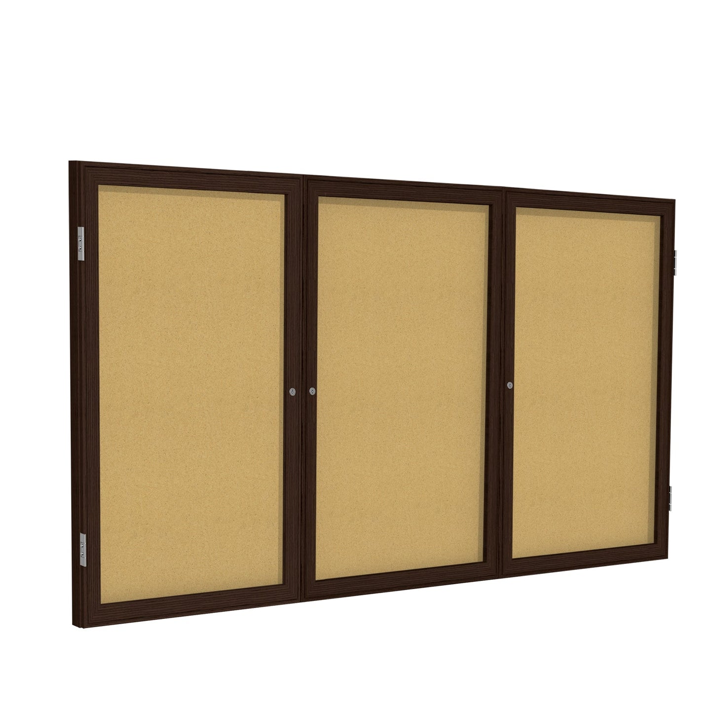 Ghent 3 Door Enclosed Natural Cork Bulletin Board, Walnut Wood Frame, 3'H x 6'W (GHE - PN33672K) - SchoolOutlet