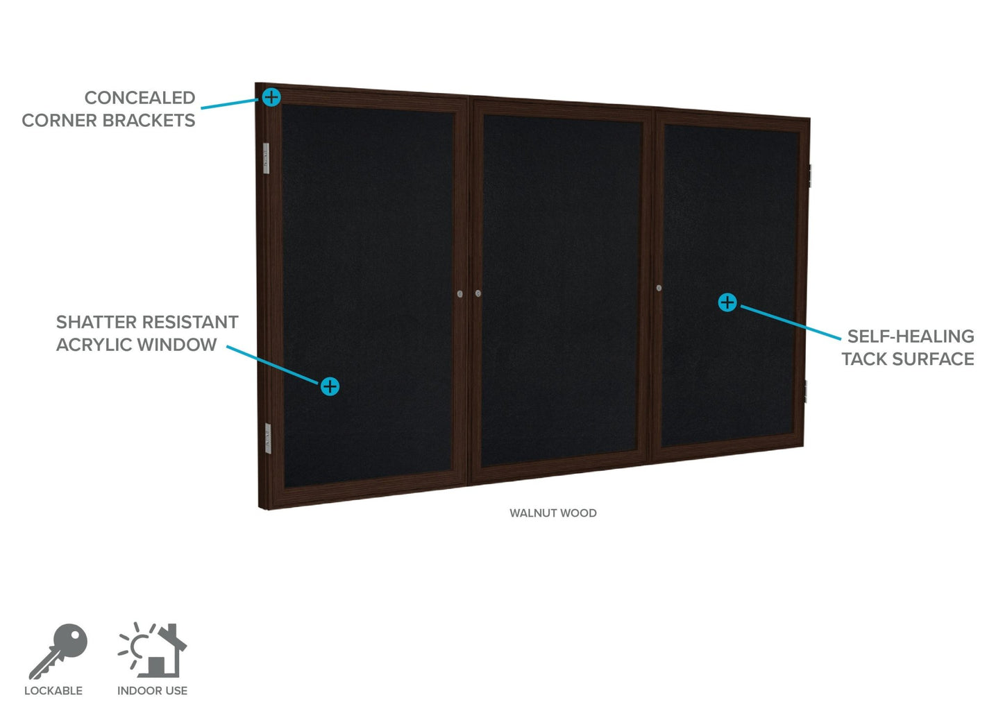 Ghent 3 Door Enclosed Recycled Rubber Bulletin Board, Walnut Wood Frame, 3'H x 6'W (GHE - PN33672TR - XX) - SchoolOutlet