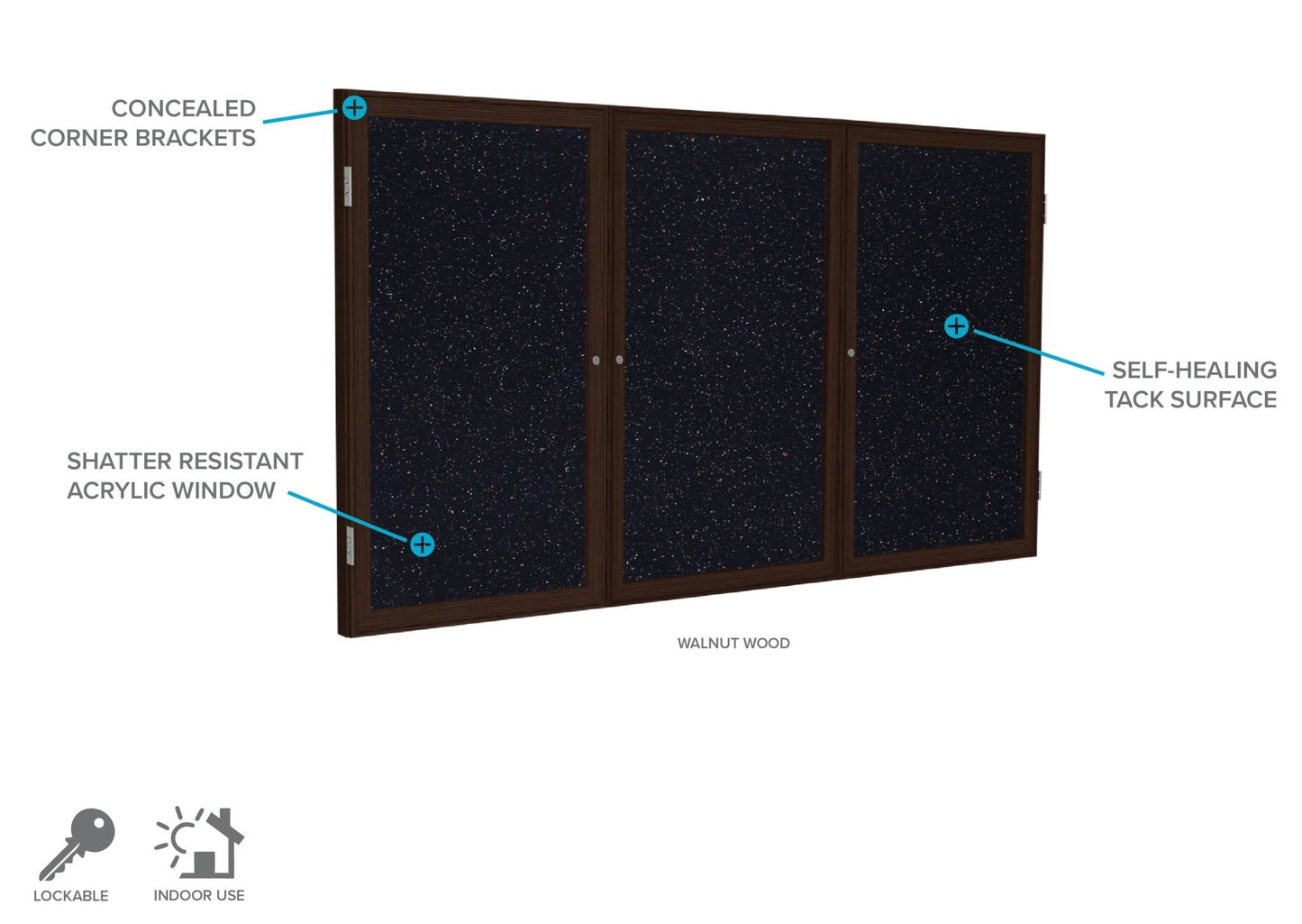 Ghent 3 Door Enclosed Recycled Rubber Bulletin Board, Walnut Wood Frame, 3'H x 6'W (GHE - PN33672TR - XX) - SchoolOutlet