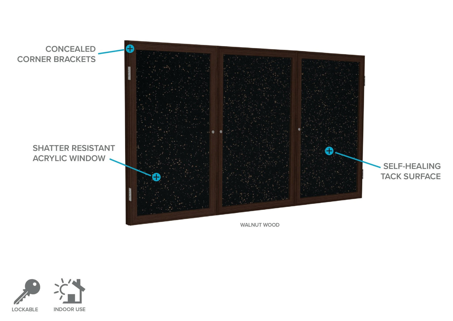 Ghent 3 Door Enclosed Recycled Rubber Bulletin Board, Walnut Wood Frame, 3'H x 6'W (GHE - PN33672TR - XX) - SchoolOutlet