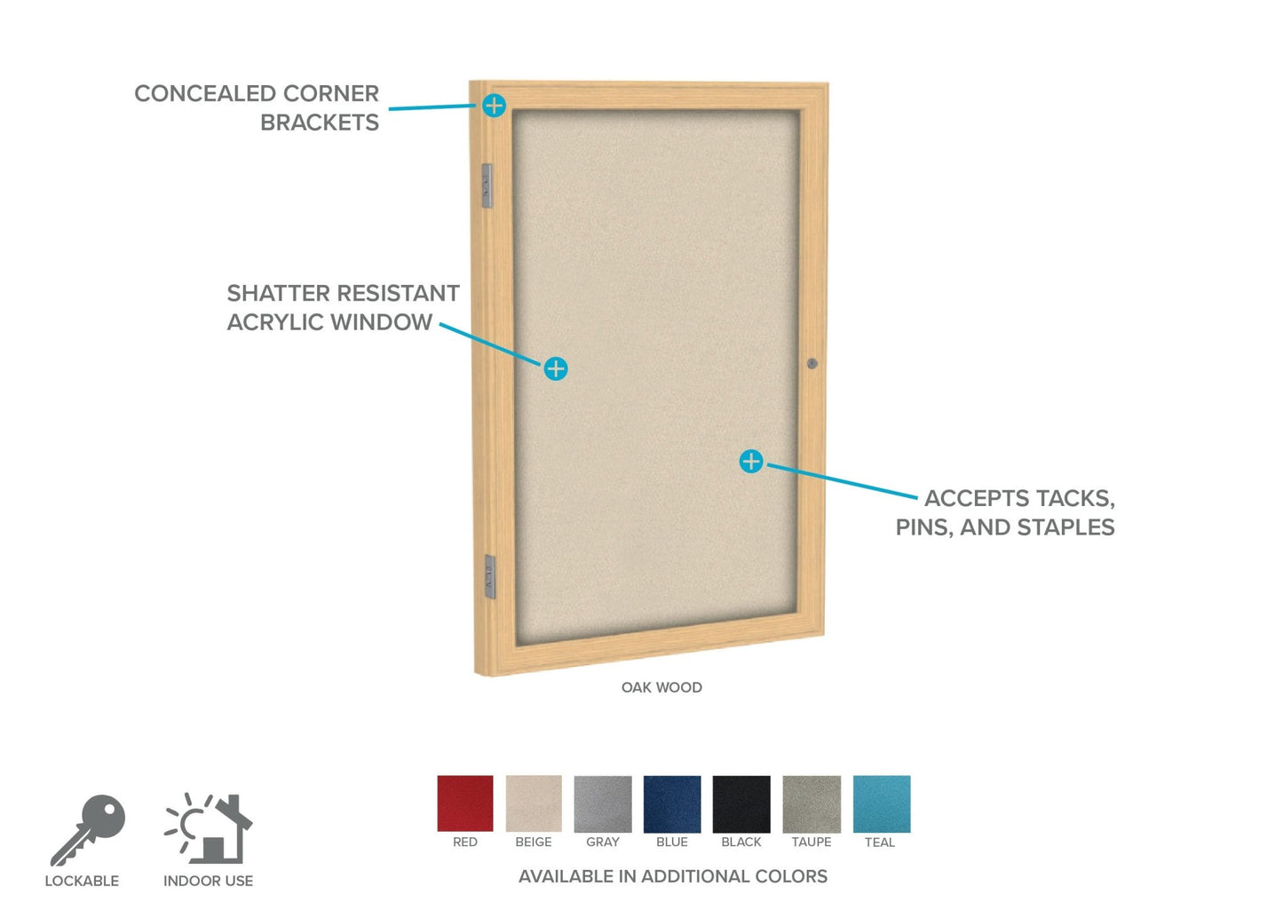 Ghent 1 Door Enclosed Fabric Bulletin Board, Oak Wood Frame, 3'H x 2'W (GHE - PW13624F - XX) - SchoolOutlet
