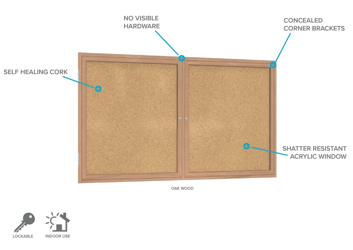 Ghent 2 Door Enclosed Natural Cork Bulletin Board, Oak Wood Frame, 3'H x 4'W (GHE - PW23648K) - SchoolOutlet