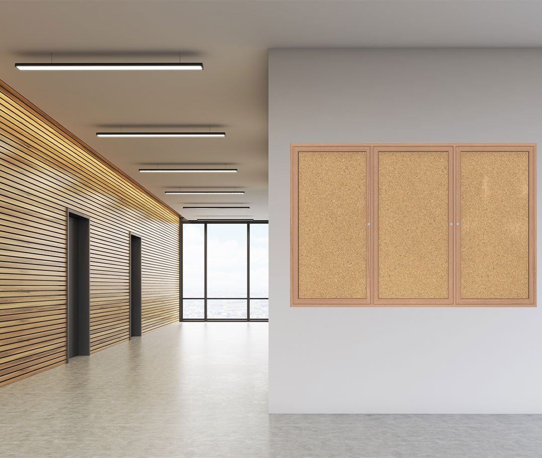 Ghent 3 Door Enclosed Natural Cork Bulletin Board, Oak Wood Frame, 3'H x 6'W (GHE - PW33672K) - SchoolOutlet