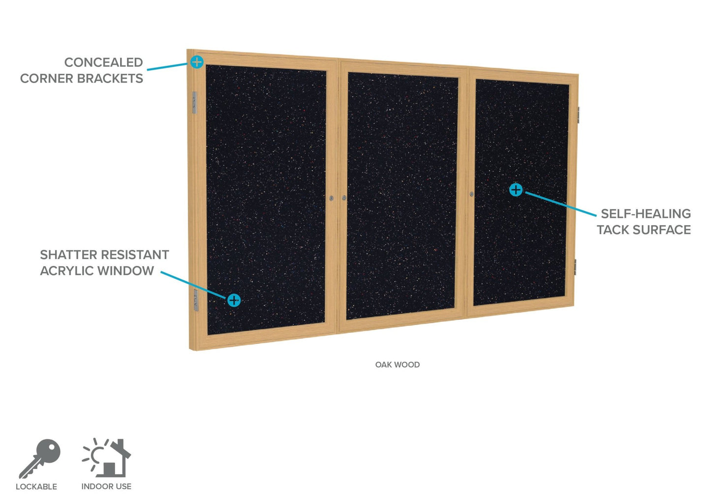 Ghent 3 Door Enclosed Recycled Rubber Bulletin Board, Oak Wood Frame, 3'H x 6'W (GHE - PW33672TR - XX) - SchoolOutlet