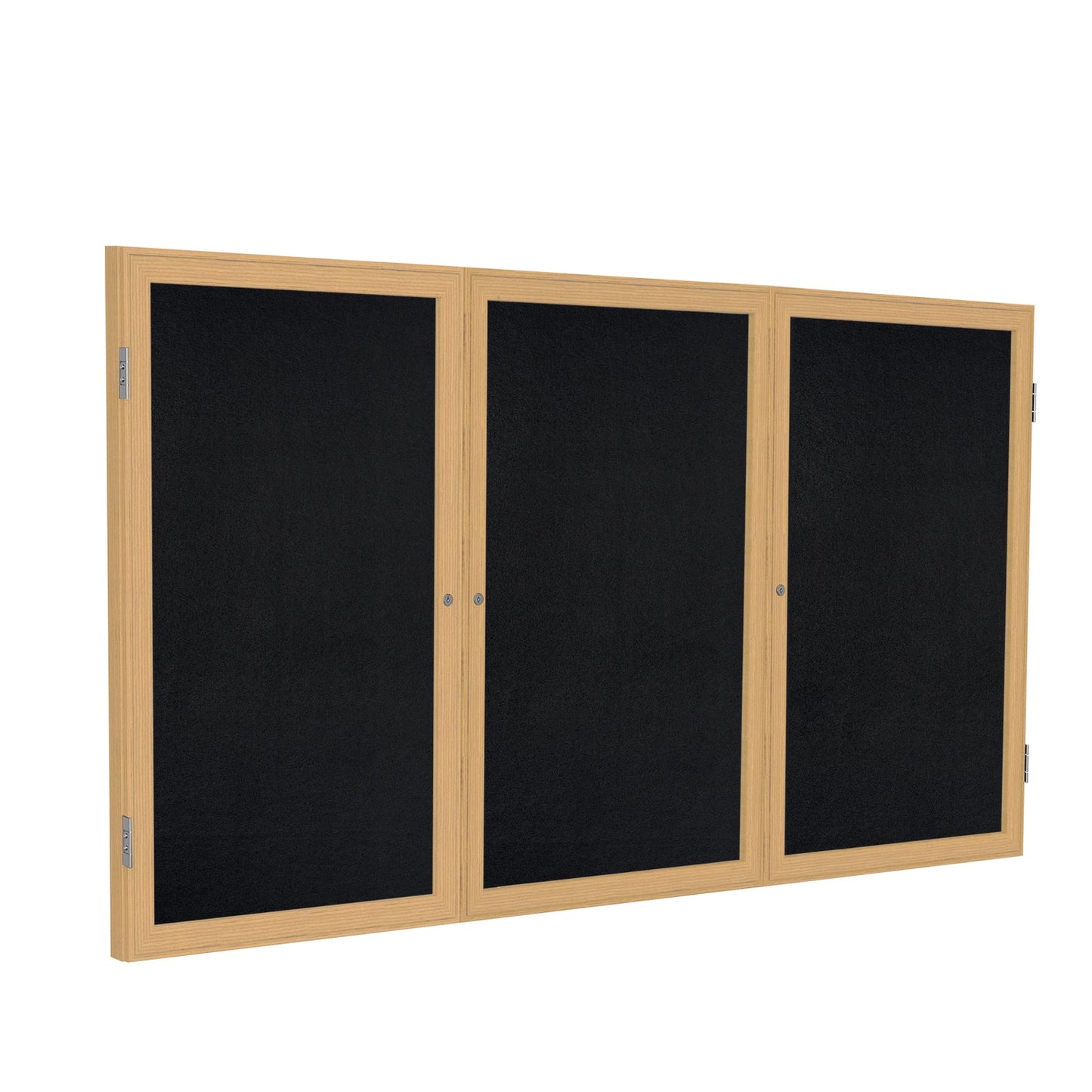 Ghent 3 Door Enclosed Recycled Rubber Bulletin Board, Oak Wood Frame, 3'H x 6'W (GHE - PW33672TR - XX) - SchoolOutlet