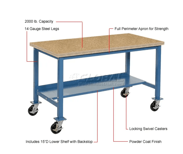 Global Industrial Mobile Production Workbench w/ Shop Top Safety Edge, 60"W x 30"D, Blue (GLB - 249145BL) - SchoolOutlet