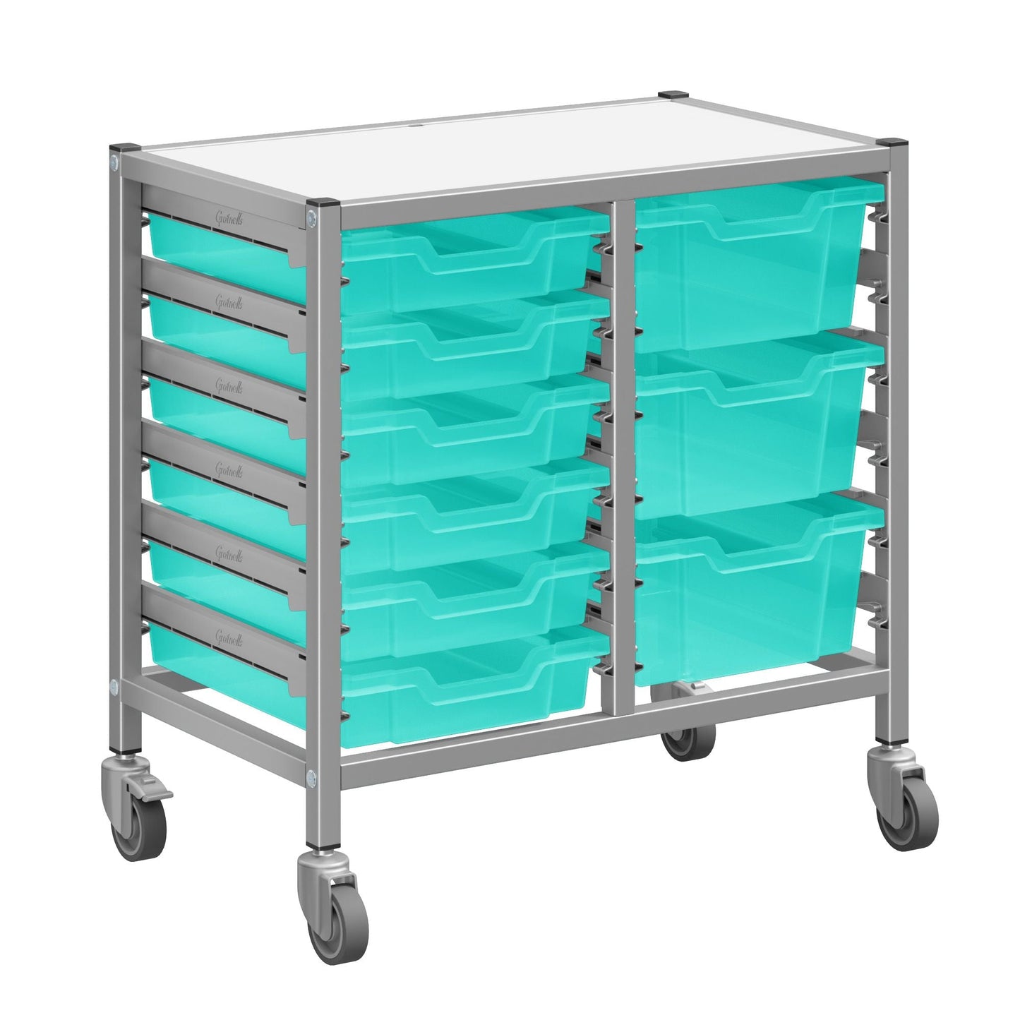 Gratnells Dynamis Low Double Cart Silver Set 44 with 3" Casters, 2 braked & Feet 6 - 3 inch and 3 - 6 inch Trays (GRA - DYTL244) - SchoolOutlet