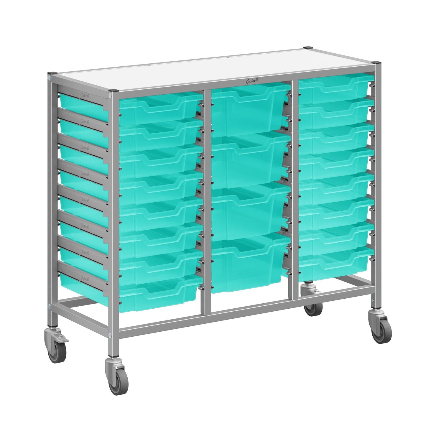 Gratnells Dynamis Triple Cart Set 9 Silver with 3" 2 Braked Casters & Optional Feet and 16 - 3 inch deep and 4 - 6 inch deep Trays (GRA - DYTM344C01) - SchoolOutlet